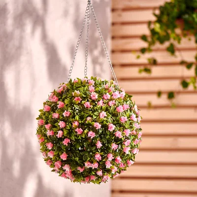 Dunelm Hanging Pink Floral 30cm Topiary Ball Green