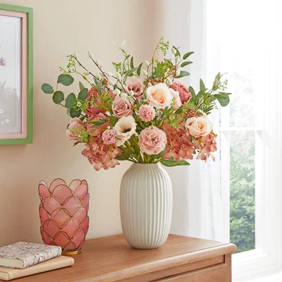 Dunelm Artificial Pink Florals & Foliage Bouquet in Ribbed Ceramic Vase