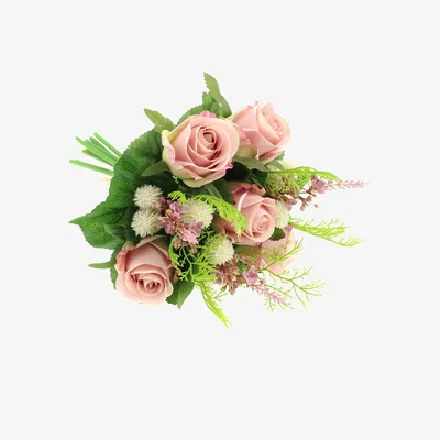 Dunelm Artificial Rose and Heather Pink Bouquet 28cm Pink and Green
