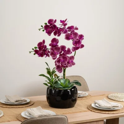 Dunelm Artificial Pink Orchid Foliage in Black Ceramic Pot