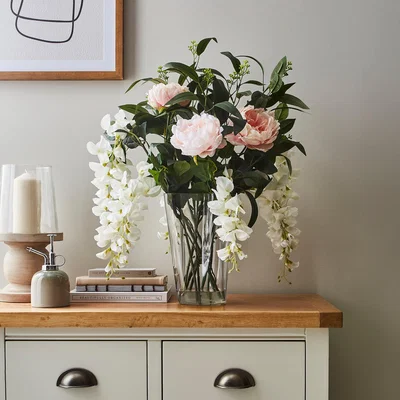 Dunelm Artificial Peony and Wisteria in Vase Pink