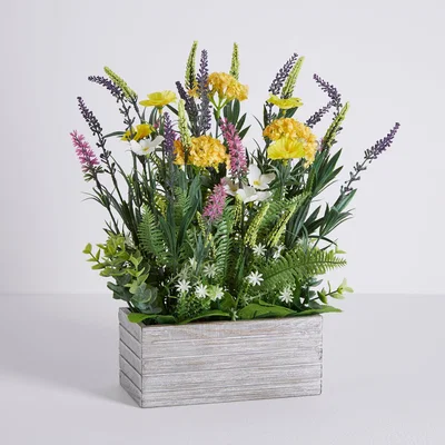 Dunelm Artificial Wild Flower Multi in Wooden Pot 38cm Yellow, Green and Grey