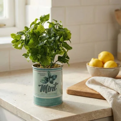 Dunelm Artificial Mint Plant In Retro Tin