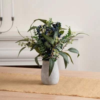 Dunelm Eucalyptus and Berry Arrangement in Grey Ceramic Vase