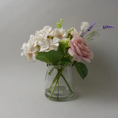 Dunelm Rose and Hydrangea in Glass Vase Pink 24cm Pink and Green