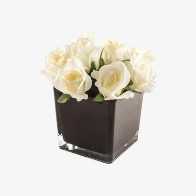 John Lewis Peony Artificial Cream Roses in Black Cube, Large