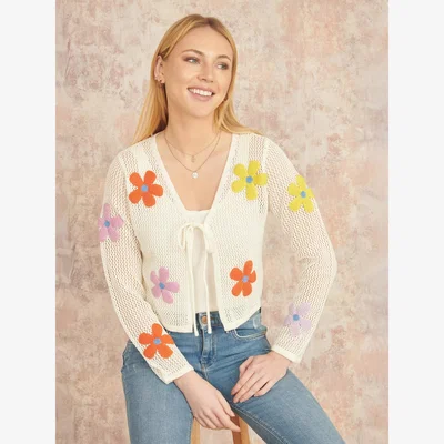 John Lewis Yumi Flowers Knitted Tie Front Cardigan, Ivory/Multi