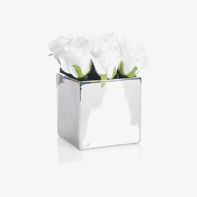 John Lewis Peony Artificial White Roses in Large Contemporary Cube
