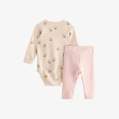 John Lewis Lindex Baby Flowers Top & Leggings Set, Light Beige
