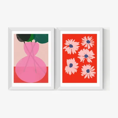 Marks & Spencer East End Prints Red & Pink Floral Twin Set Framed Art - A3 - White, Natural,White,Black
