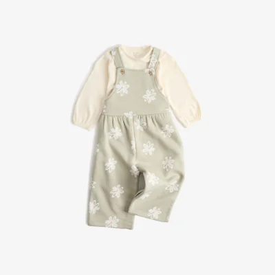 Marks & Spencer M&S 2 Piece Jersey Flower Dungarees with Top (0-3 Yrs) Green Mix