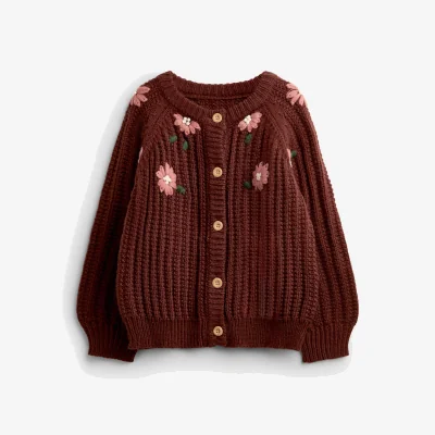 Marks & Spencer JoJo Maman Bébé Flower Embroidered Ribbed Cardigan Brown