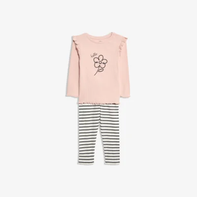 Marks & Spencer M&S 2pc Cotton Rich Flower Top & Bottom Outfit (0-6 Yrs) Cream Mix