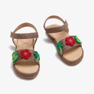 Marks & Spencer M&S Kids' Rafia Beaded Flower Sandals (4 Small-2 Large) Green Mix
