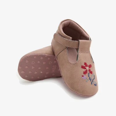 Marks & Spencer M&S Baby Embroidered Flower Ballet Pram Shoes (0-18 Mths) Pink