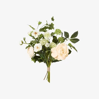 OKA OKA, Faux Rose, Ivy & Allium Bunch - White, Floral Bunches, Fabric/Plastic
