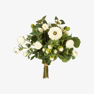 OKA OKA, Faux Ranunculus & Hops - White, Floral Bunches, Fabric