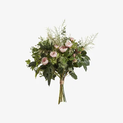 OKA Faux Tea Rose and Eucalyptus Bunch - Pink/Green