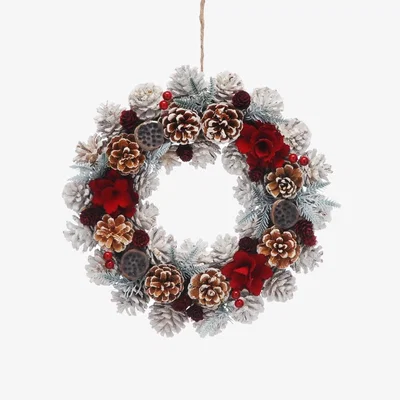 Downtown Festive Red Flower and White Pinecone Wreath - 36cm In Red/White