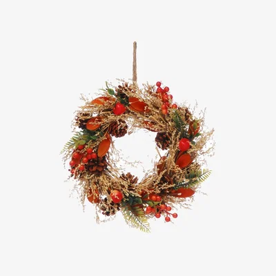 Downtown Festive Orange Flowers and Berries Autumn Wreath - 30cm