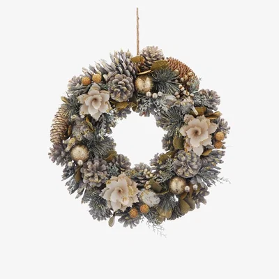 Downtown Festive Gold Flowers and Berries Wreath - 36cm In Gold/Green