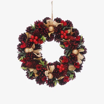 Downtown Festive Red Rose and Pinecone Wreath - 36cm