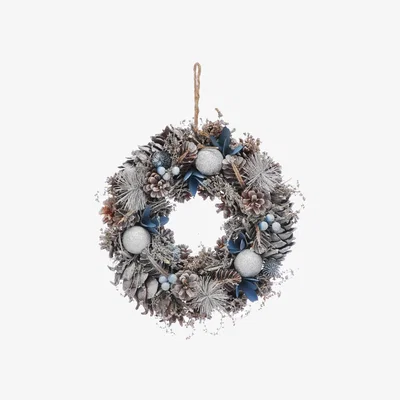 Downtown Festive Blue Flowers and Silver Ball Wreath - 30cm In Blue/Silver