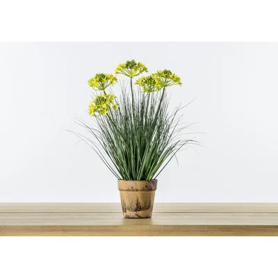Perch and Parrow Faux Potted Grass with Five Yellow Flowers