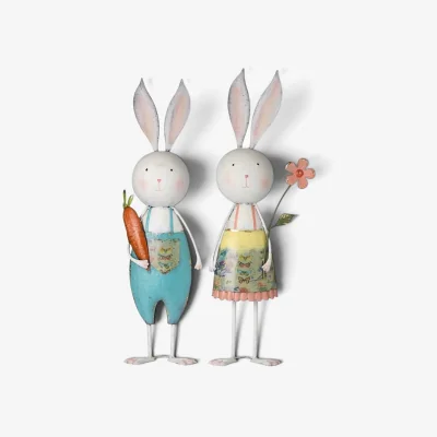 The Range Set of 2 Metal Rabbits with Carrot and Flower Ornaments - White