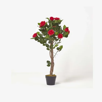 The Range Potted Rose Tree Artificial Plant with lifelike green leaves, 90 cm - Red