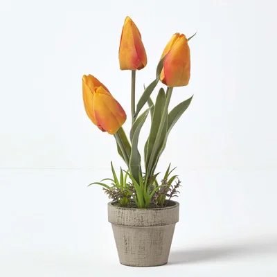 The Range Homescapes Orange  Red Artificial Tulips in Grey Decorative Stone Pot, 27 cm - Orange