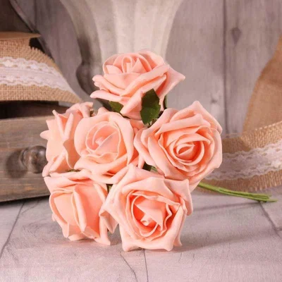 The Range Bunch of 6 Small Foam Tea Roses 6 cm Head - Soft Peach