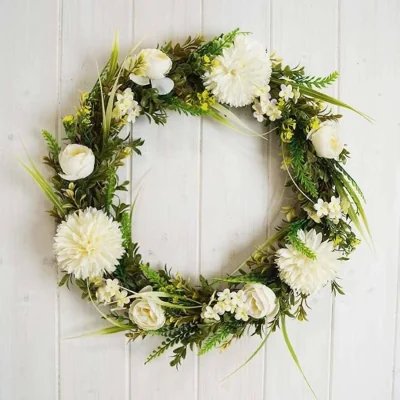 The Range Natural Spring Door / Wall Wreath with White Flowers and Leaves - White