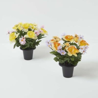 The Range Homescapes Set of 2 Daisy  Daffodil Artificial Flowers in Grave Pot - Multi-Coloured