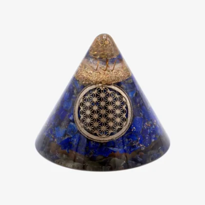 The Range Lapis Flower of Life Orgonite Cone with Suspended Quartz - Multi