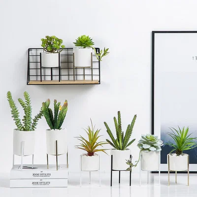 The Range Modern Small Planter Pot with Metallic Stand - White / 12.5cm