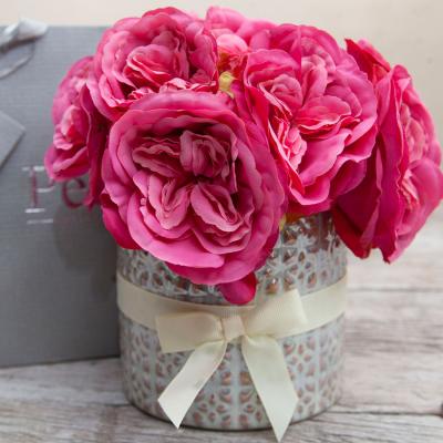 The Range Fuchsia Old English Roses in a pearlised textured vase, with gift bag by Peony - Soft Fuchsia