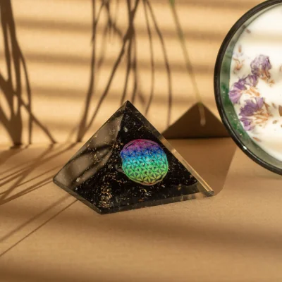 The Range Small Flower of Life Orgone Pyramid with Tourmaline Chips - Black