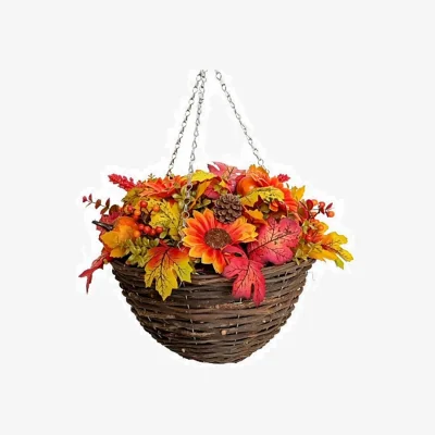 The Range Best Artificial 14 Inch / 35cm Autumn Flower Hanging Basket with Pumpkins and Acorns - Autumn
