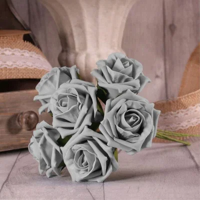 The Range Bunch of 6 Small Foam Tea Roses 6 cm Head - Grey