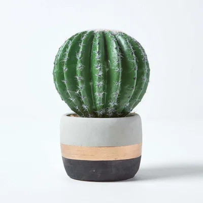 The Range Homescapes Golden Barrel Artificial Cactus in Contemporary Stone Pot, 19 cm Tall - Green