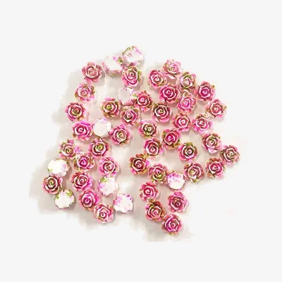 The Range Pack of 50 Kawaii Pink and Green Rose Flower Resin Flat Back Cabochons - Pink