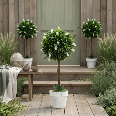The Range Fano Neri Set of 2 White Artificial Flower Ball Trees with Pots - 60cm