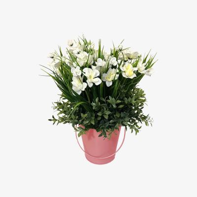 The Range Artificial Grass with White Flowers in a Bucket - Pink
