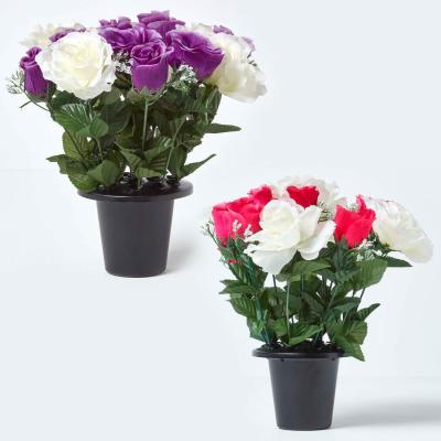 The Range Homescapes Set of 2 Pink  Purple Roses Artificial Flowers in Grave Vases - White, Purple, Pink