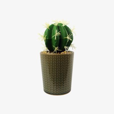 The Range Ceramic Stone Stripe Planter Artificial Cactus - Green