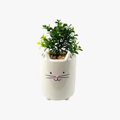 The Range Ceramic White Cat Planter Artificial Foliage Plant - Green