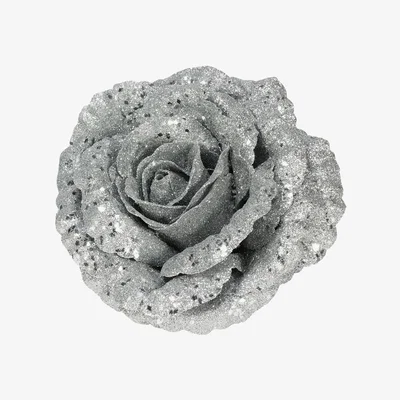 The Range Artificial Glitter Rose Head With Clip - Silver