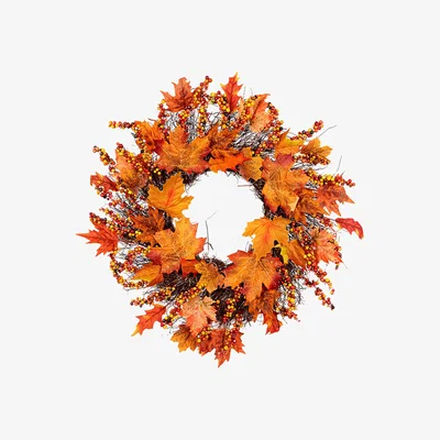 The Range Artificial Maple Leaves Wreath with Berries Harvest Autumn Decor  - Orange