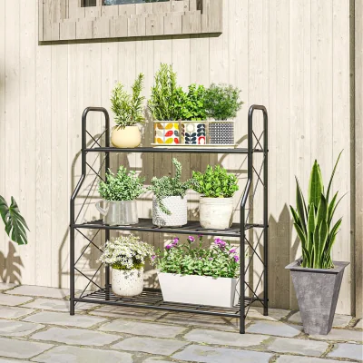 The Range Outsunny 3-Tier Metal Plant Stand, Ladder Shelf Potted Plants  - Black